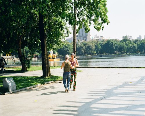 senior couple walking happily in a park holding hands